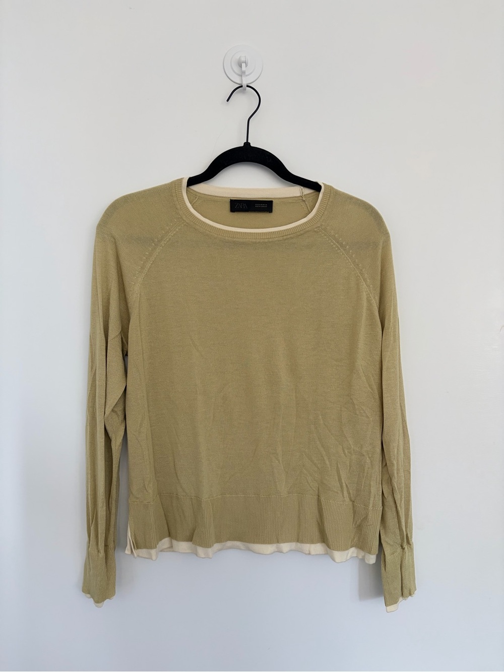 Zara Light Olive Green Crewneck Long Sleeve Top with Cream Trim